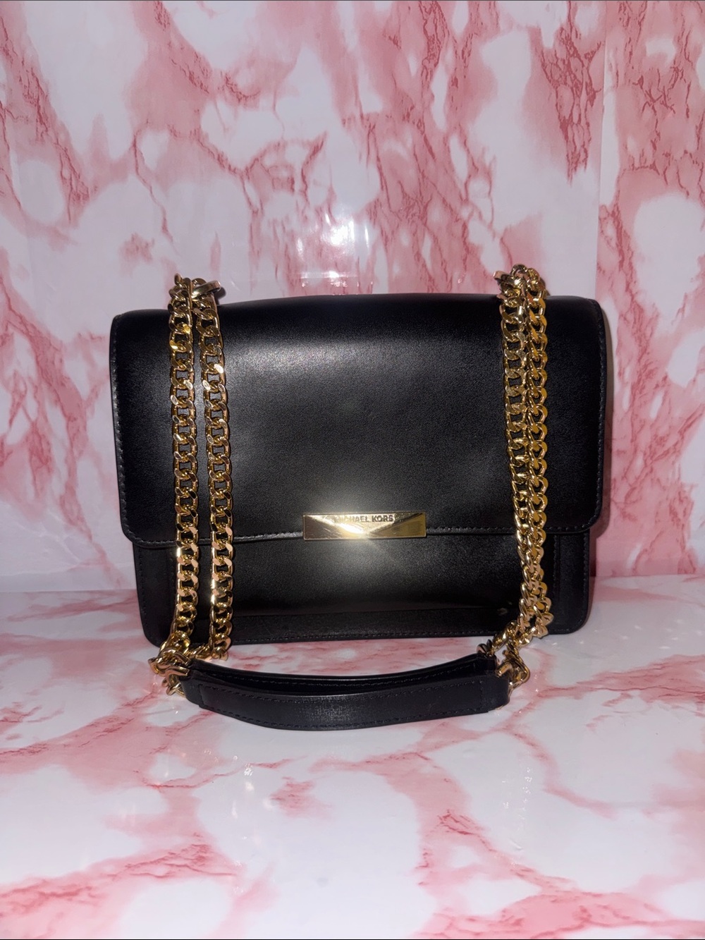 Michael Kors Black Leather Shoulder Bag with Gold Chain Strap